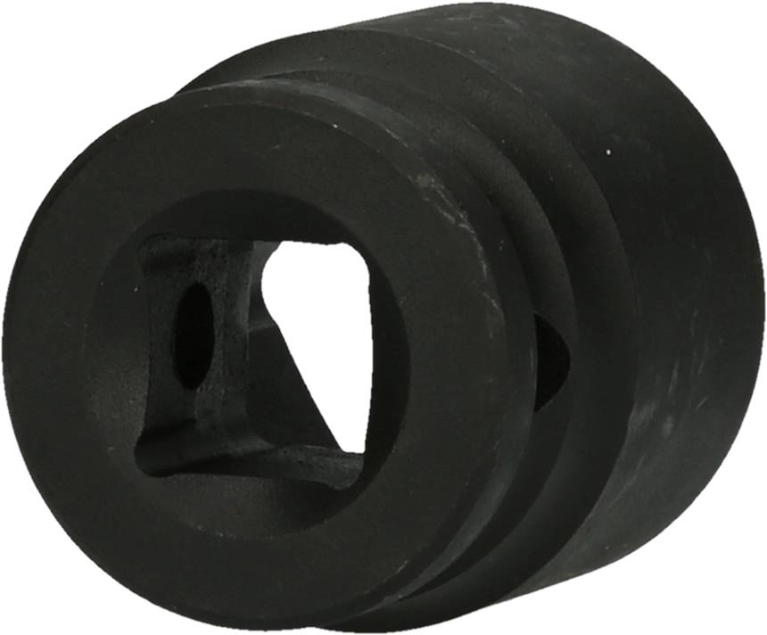 A black, cylindrical metal component with a square cutout. Potentially a machine element or tool part.