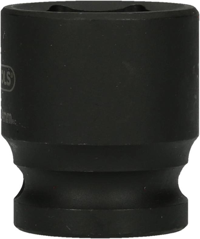 A black hexagonal metal nut, cylindrical in shape, used for screw-related tasks.