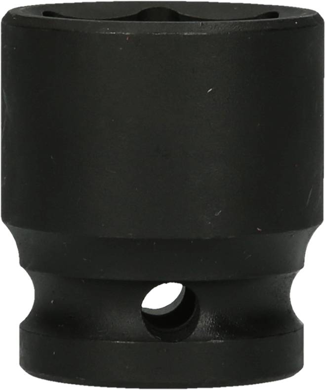 A black screw nut with a round hole on its side, against a white background.
