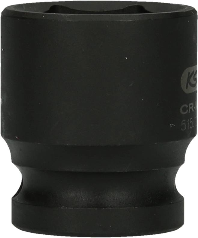 Black, cylindrical socket wrench attachment with a smooth surface and embossed markings.