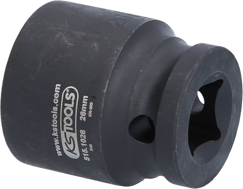 Black socket, 28 mm, with hexagonal internal profile and 'KSTOOLS' inscription for securing onto tools.