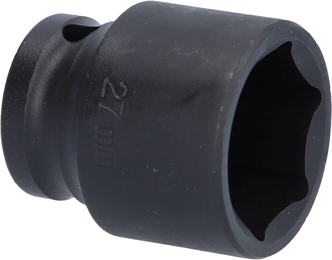 Black metal socket, 27 mm, with hexagonal opening for screw work.