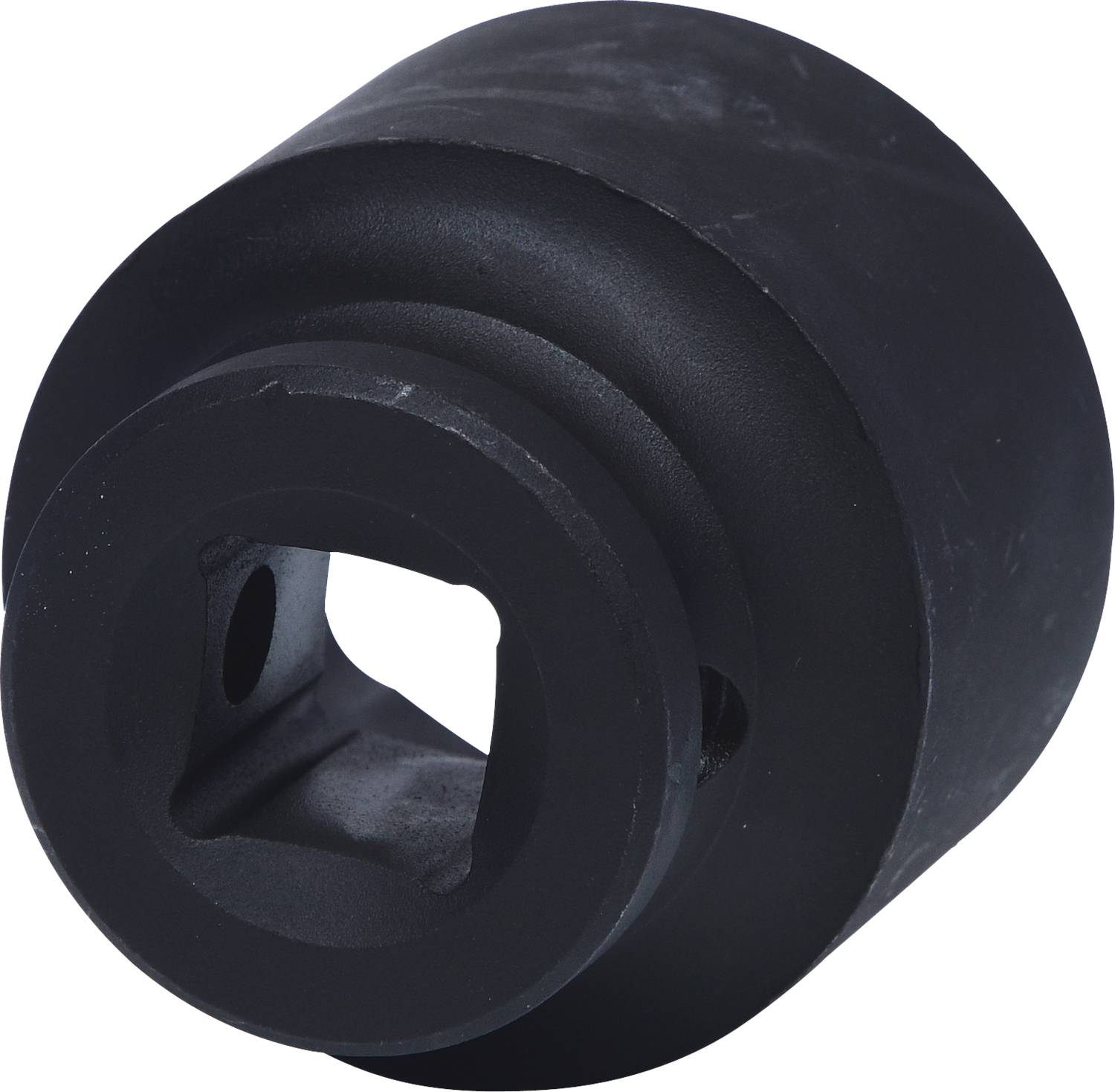 Black security screw head with cylindrical form; square hole on the side, used for securing screws against theft.
