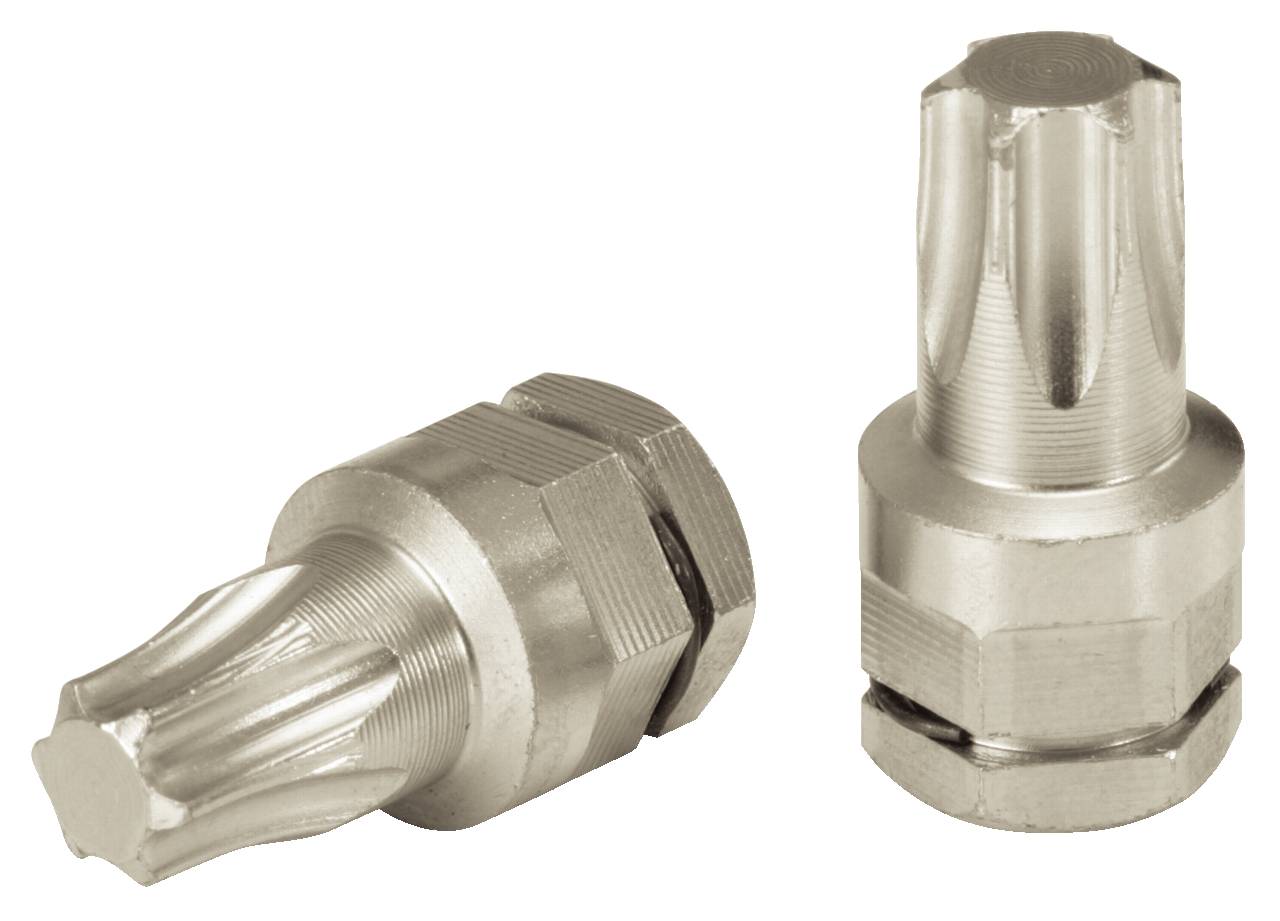 Two metallic tools with ridged surfaces and hexagonal bases on a white background.