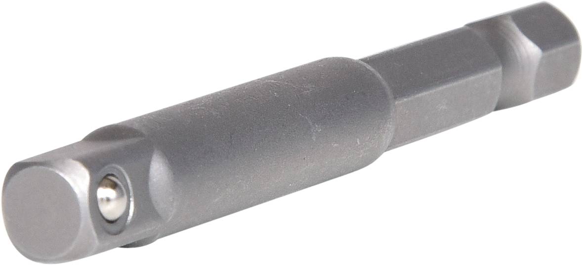 Adapter in metallic finish with round and hexagonal end pieces, suitable for connecting bits or tool attachments to drills.