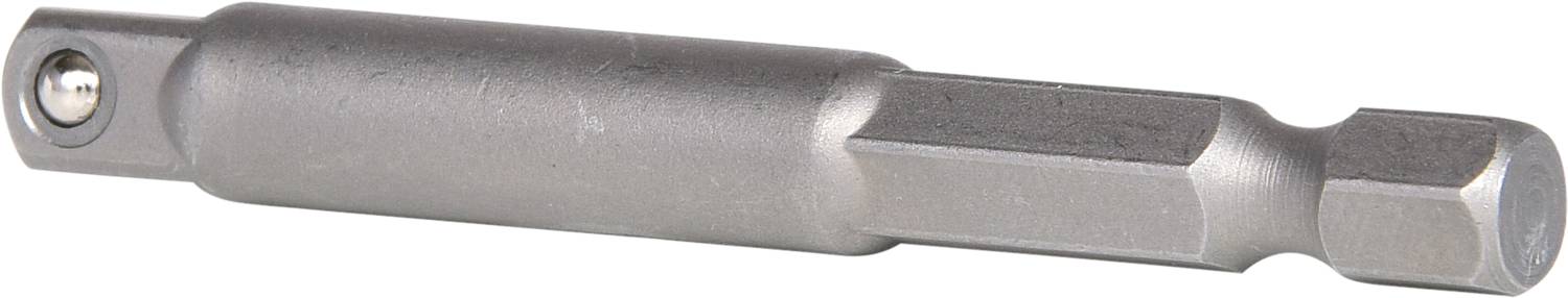 A silver bit holder with a hexagonal shaft and ball joint, suitable for use with a screwdriver or drill.