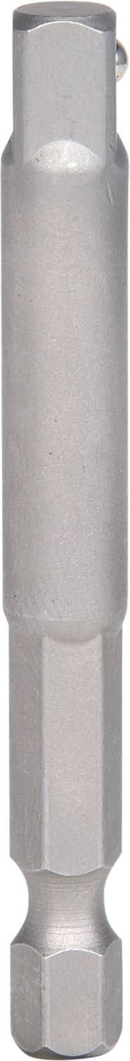 Metallic hexagonal adaptor, cylindrical in shape, used for connecting screwdriver tools with different sized heads.