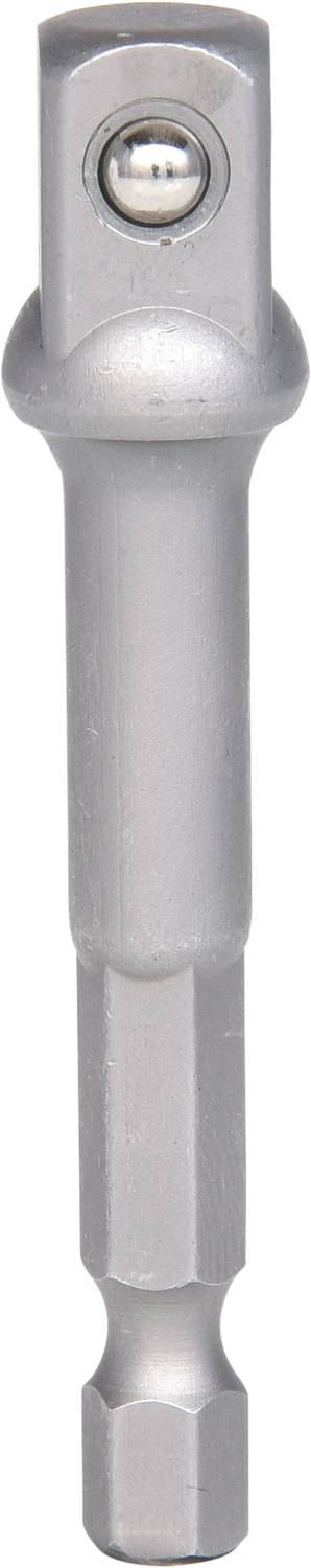 A silver socket extension with a square end and a rounded head, used to extend the reach of tools.