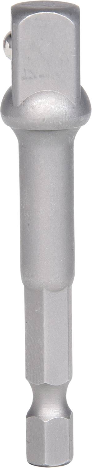 A silver hexagonal socket adaptor with ball-lock mechanism for connecting tools and socket wrenches.