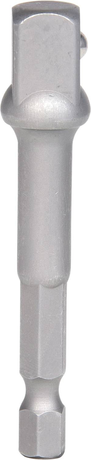 A silver adaptor for sockets, with a hexagonal shaft at the top, square drive at the bottom, for connecting tools.