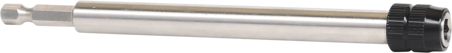 A silver metal tool with a black rotary knob at the end, possibly a drill bit attachment or adapter.