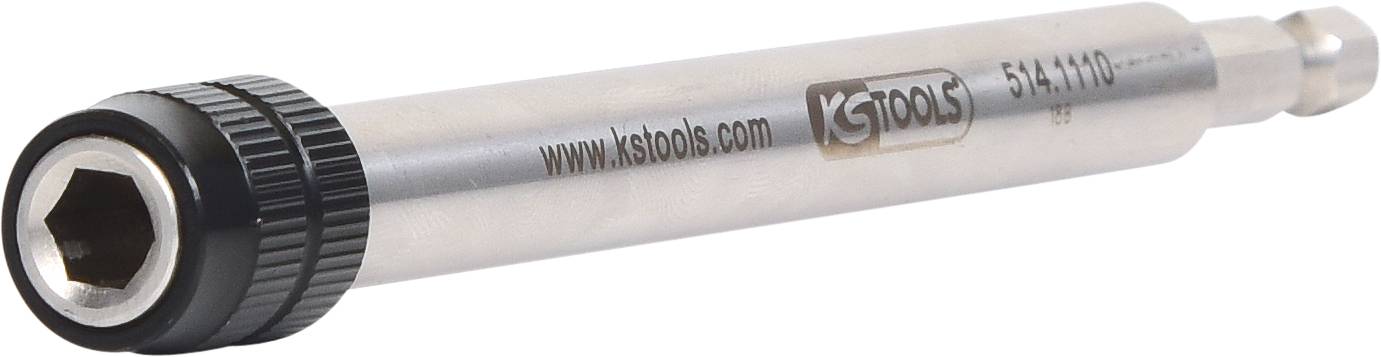 Bit key extension with hexagonal end, silver-coloured with black rim, 'ks tools' logo and model number 514.1110 printed on it.