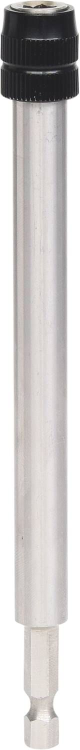 A silver magnetic bit holder with a black head cap, usable for power tools to securely fasten bits.