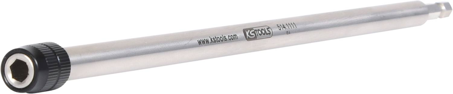 A long, silver spanner extension rod with a hexagonal end and a website address on the side.