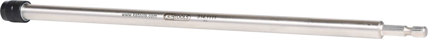 Metal rod with black end and logo.