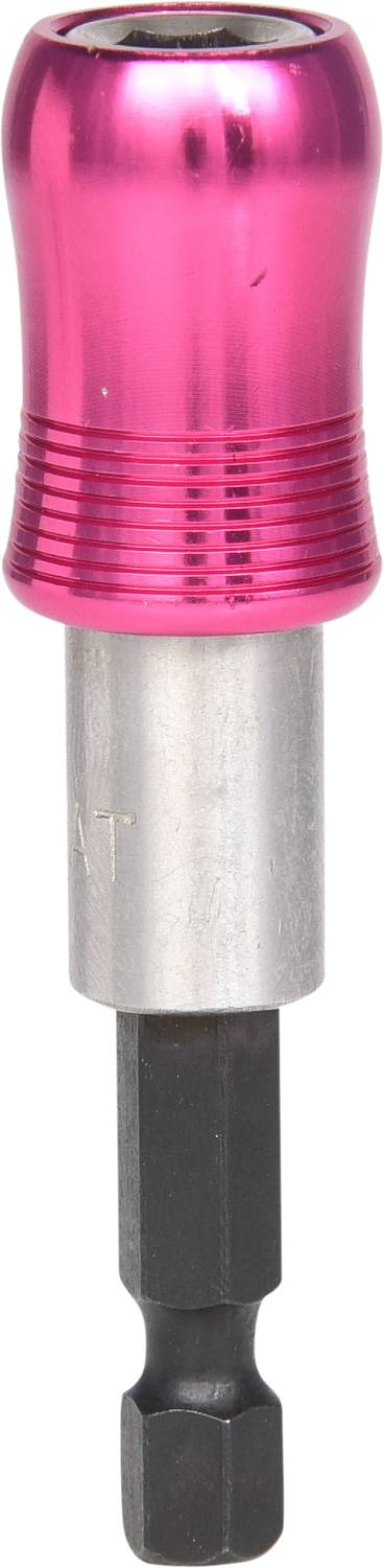 A magnetic bit holder with a rose metallic-coloured cap and silver shaft. Used for holding screwdriver bits.