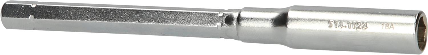 A silver socket key insert with a hexagonal end. Suitable for mechanical work with hexagonal screws.