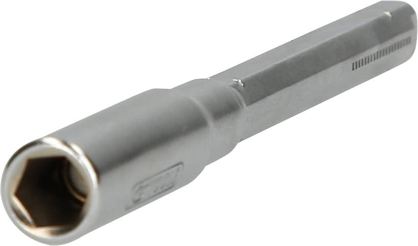 A chrome-plated socket insert, hexagonal, for screws or nuts, shows the front side and the rounded handle.