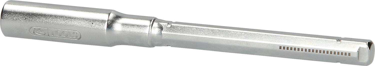 A silver spark plug spanner with a ribbed handle, used for removing and installing spark plugs in engines.