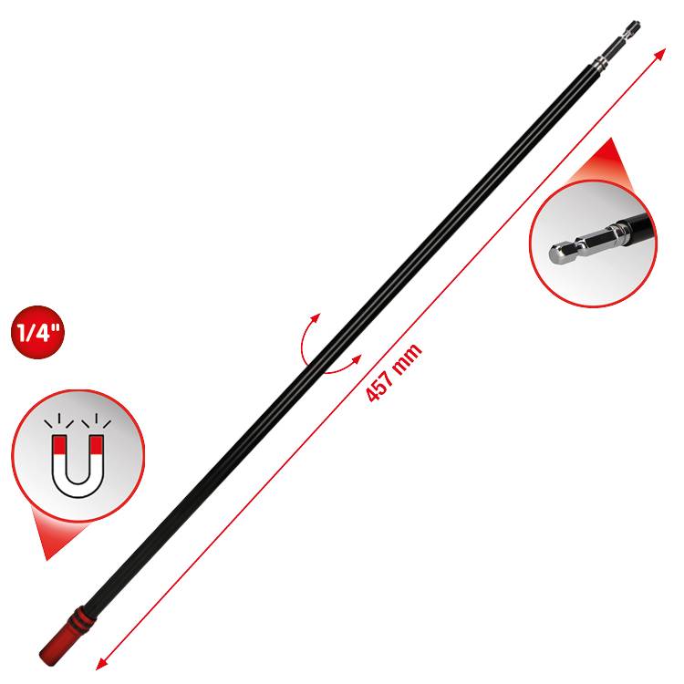 Magnetic Pick-up Tool, 457 mm long, with 1/4'' tip, indicates direction and length; ideal for reaching awkward places.