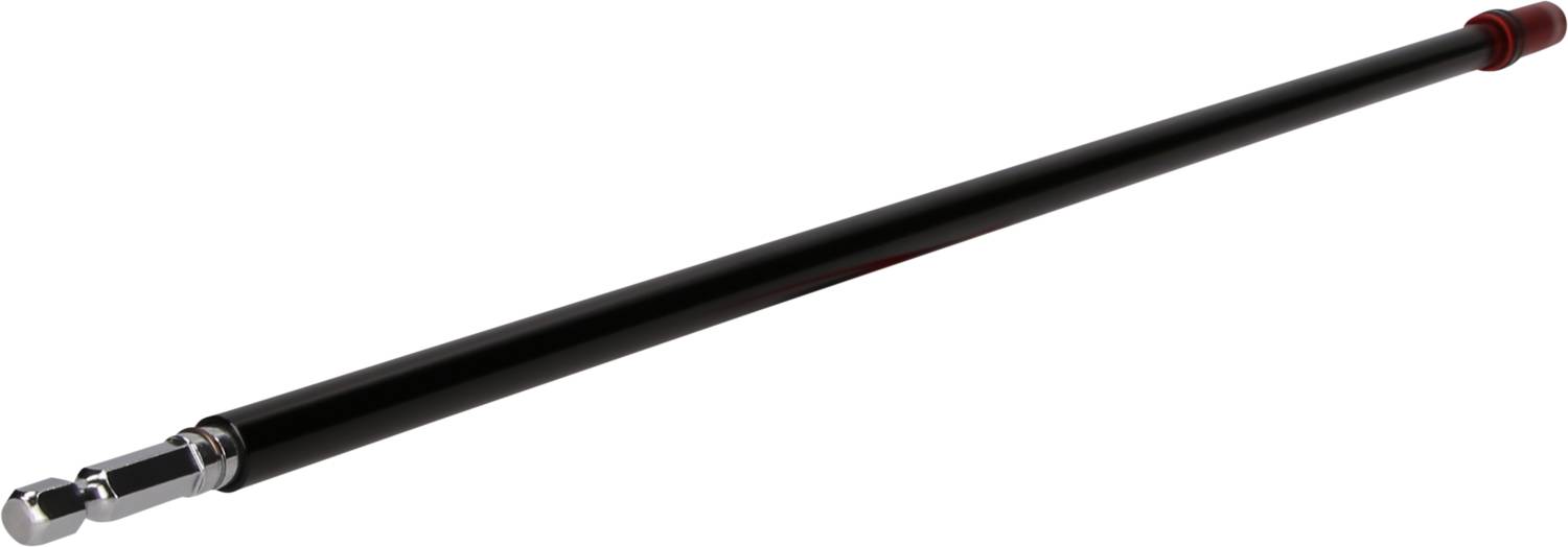 A long, black screwdriver extension bar with red and silver ends, arranged on a neutral background.