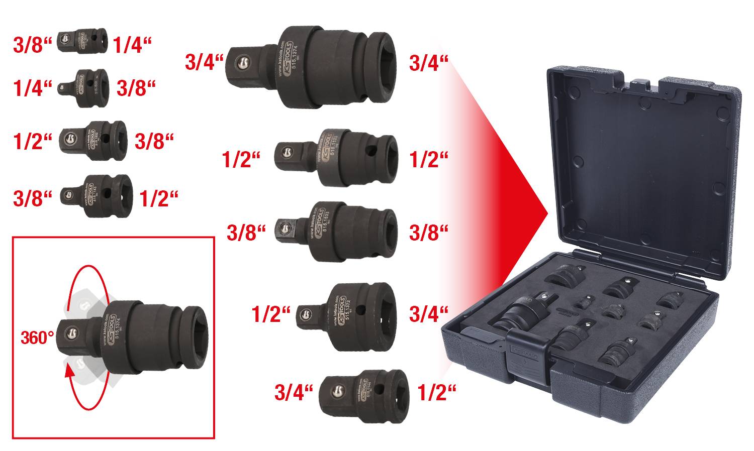 Socket Set with various sizes from 1/4" to 3/4" featuring a 360-degree rotation mechanism, presented in an open plastic carry case.