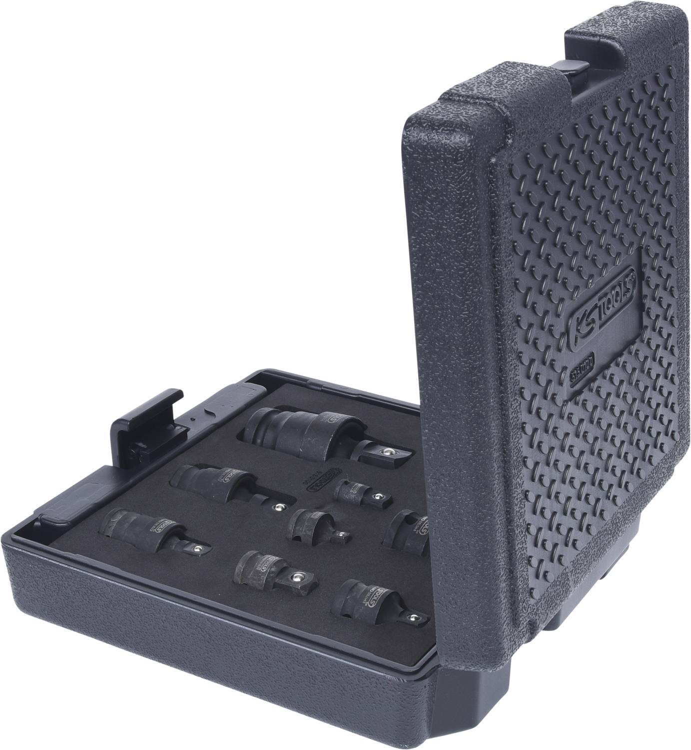 Open black plastic toolcase with multiple metal attachments of varying sizes in shaped compartments.
