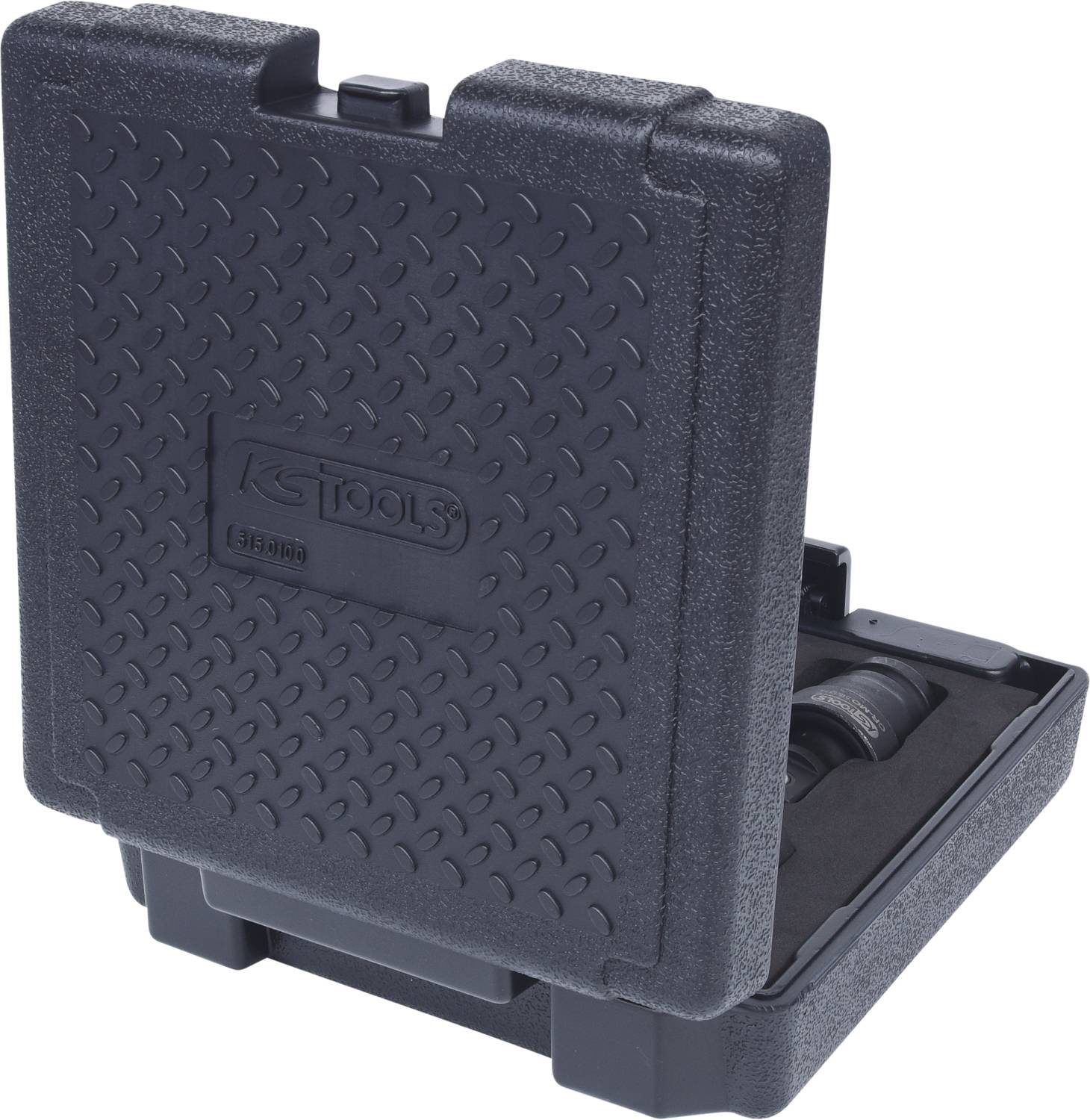 Black tool case with 'KS TOOLS' logo on the front, slightly open, revealing tool inserts inside.