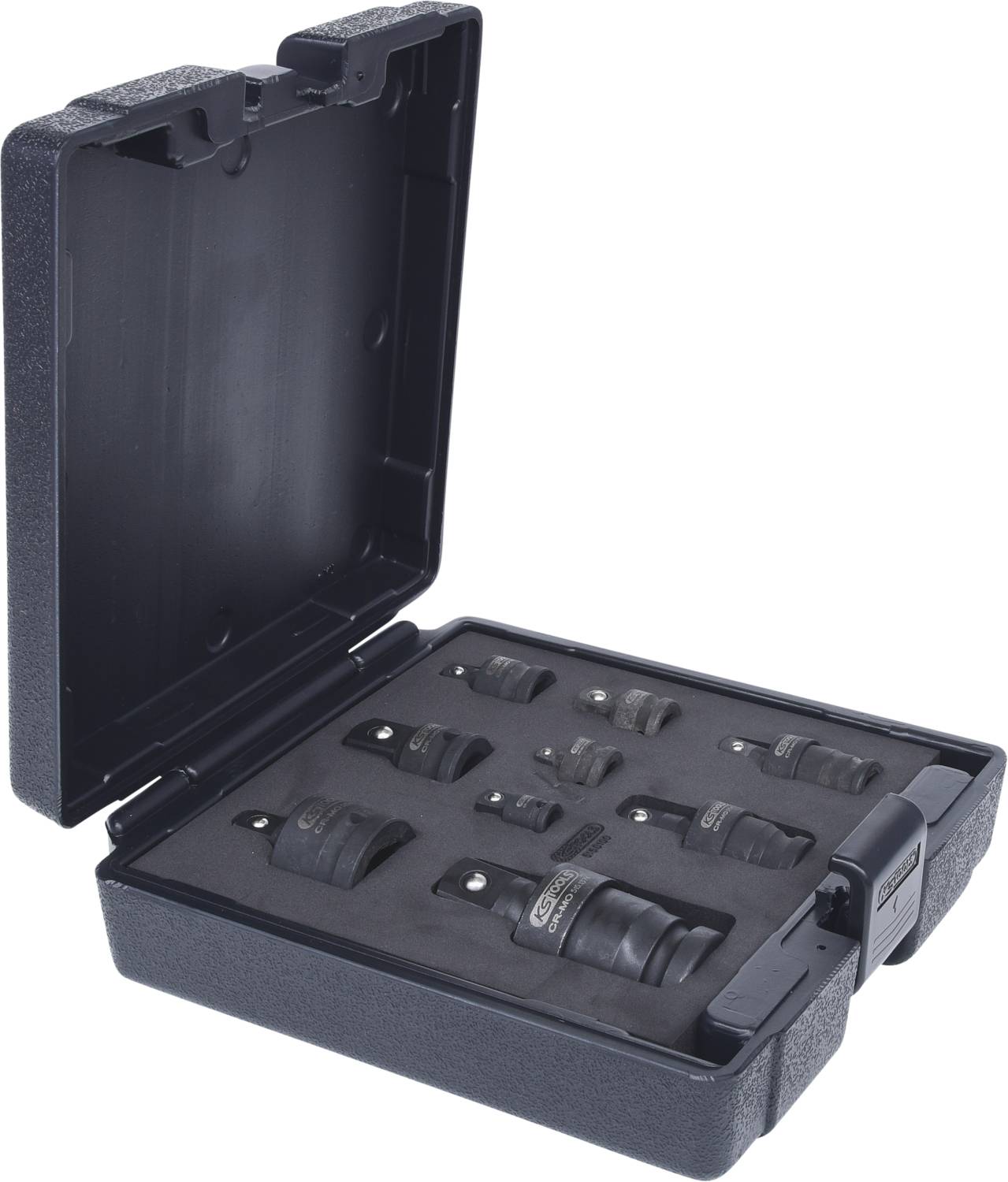 Black plastic case with open lid, showing various socket wrench inserts in foam inserts.