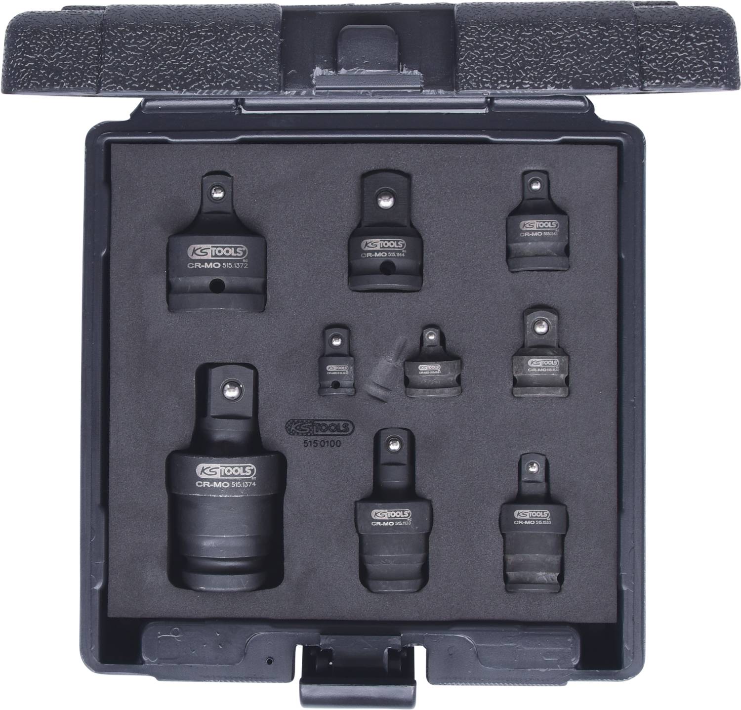 Set of socket adapters and reducers in a black plastic box, suitable for various screwdriving tools.