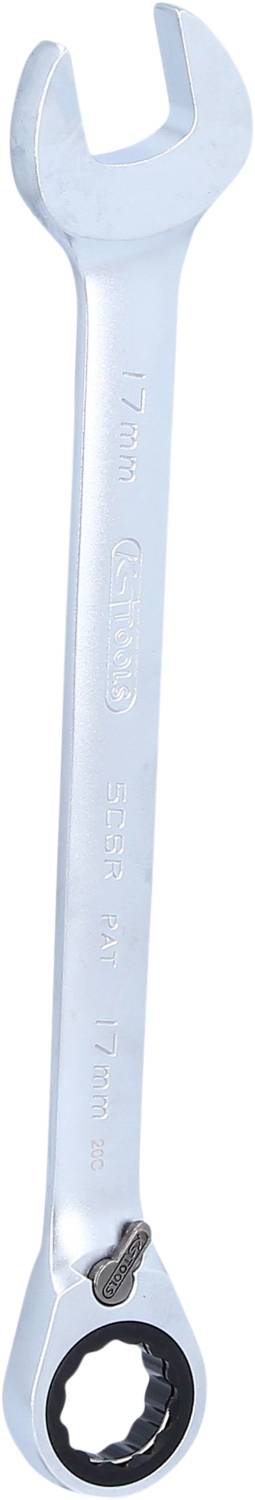 A silver ratchet spanner suitable for 17mm nuts and bolts.