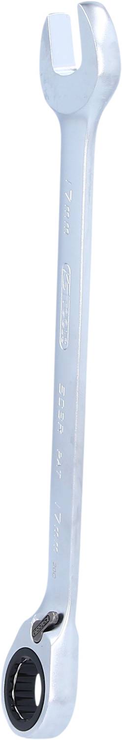 A silver ring spanner with ratchet function; one side open, the other with a ratchet ring for easier screw tightening.