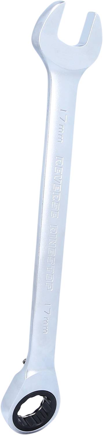 A silver-coloured ring spanner with '17mm' inscription, suitable for manual craftsmanship.