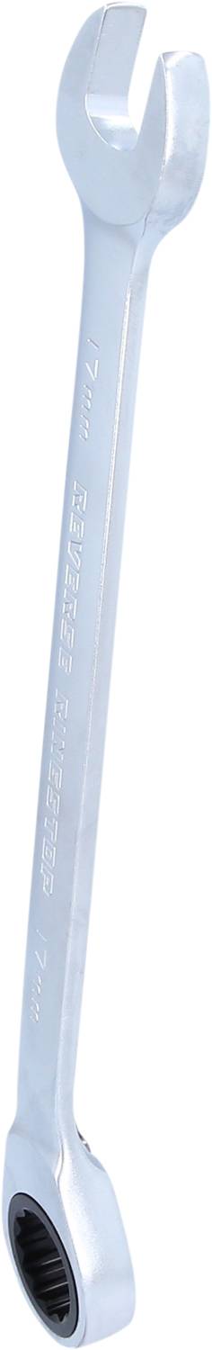 A silver ring spanner with an open and a closed end, commonly used in repairs and mechanics.