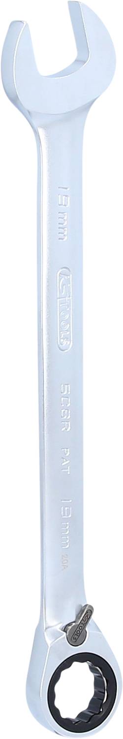 A silver combination spanner with ratchet and 12 mm engraving, used for mechanical work.