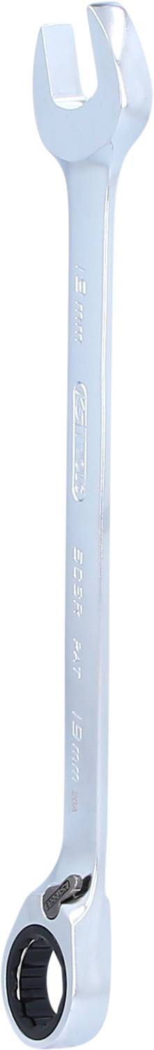 A silver combination spanner with a ratchet mechanism, suitable for loosening or tightening bolts.