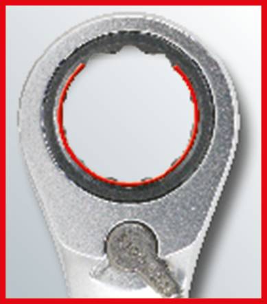 A silver ring spanner with a gripping mechanism for tightening screws, against a grey background.