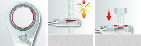 Three images show a ring spanner loosening a screw: The spanner grips the screw and enables an easy rotational movement.