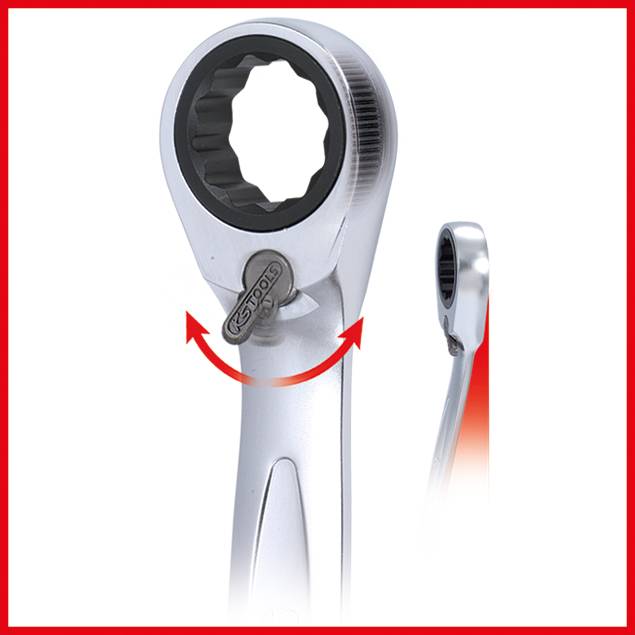 Ratchet spanner with arrows indicating the direction of rotation. Silver tool shown from various perspectives.