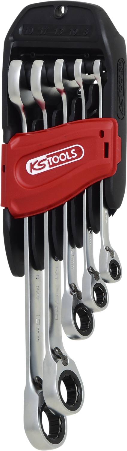 Set of ratchet spanners in a red and black holder, with the 'KS TOOLS' logo visible.
