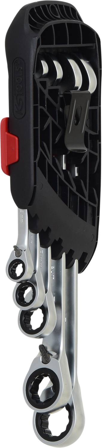 A set of five ring and open-ended spanners in a black and red holder.