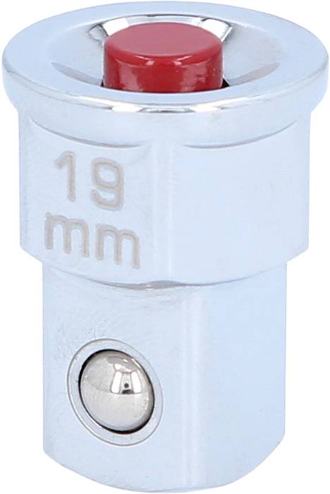 A silver adapter with a red button, marked with '19 mm'. Suspension device visible underneath. Suitable for tool inserts.