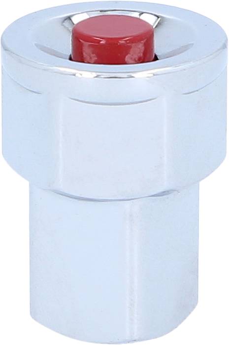 A silver cylindrical push button with a red cap, often used as part of a mechanical device.