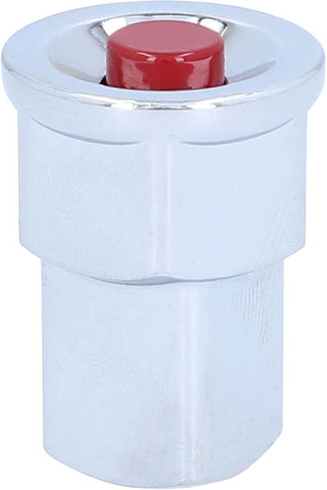 Silver metal cylinder with a red button on top, likely a switch or valve component.