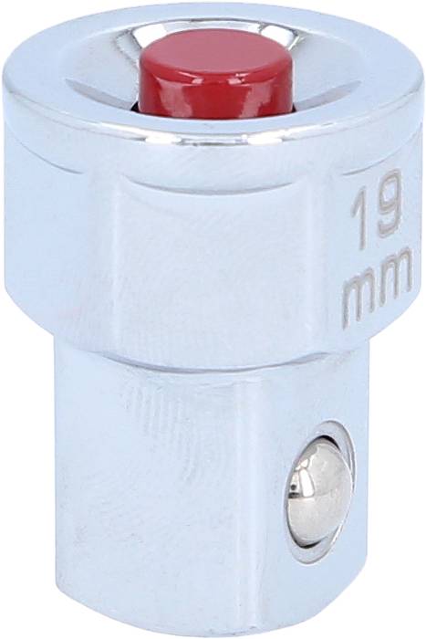 Metal adapter with a red button and inscription '19 mm', possibly part of a tool set, for precise mechanical applications.