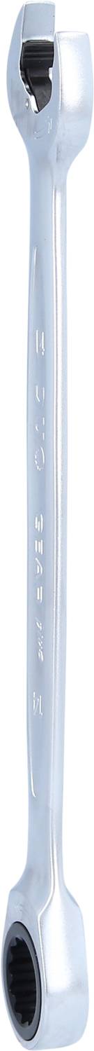 A silver double ring spanner with ratchet function, suitable for screws or nuts.