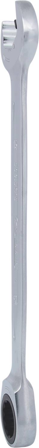 A silver ring spanner with an open and a closed end, suitable for loosening and tightening nuts and bolts.