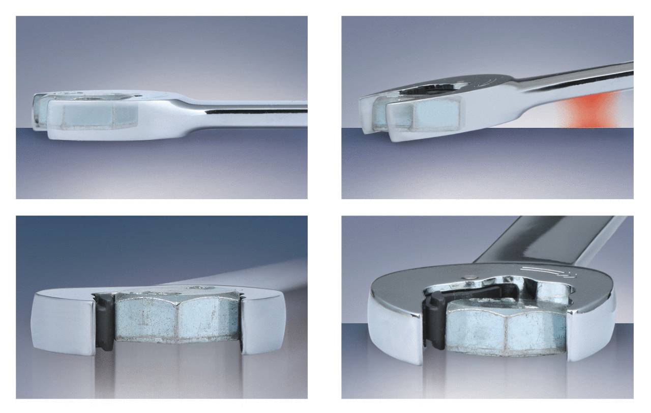 Four images of a ratchet ring spanner from various perspectives. They show details of the mechanism and the materials.