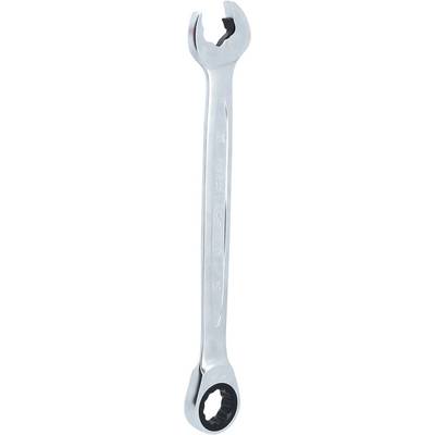 A silver ring spanner with an open-ended jaw and a ring-end. Suitable for metric screw sizes.