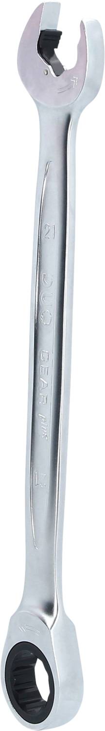 A silver spanner with an open-ended jaw and a ring end on the opposite side.